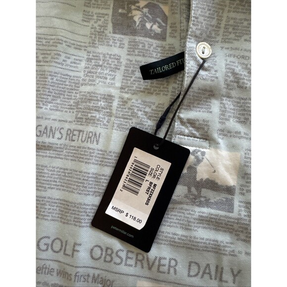 NEW Peter Millar Crown Sport Men's Blue Golf Newspaper Print Ace Polo Shirt L - Picture 3 of 9